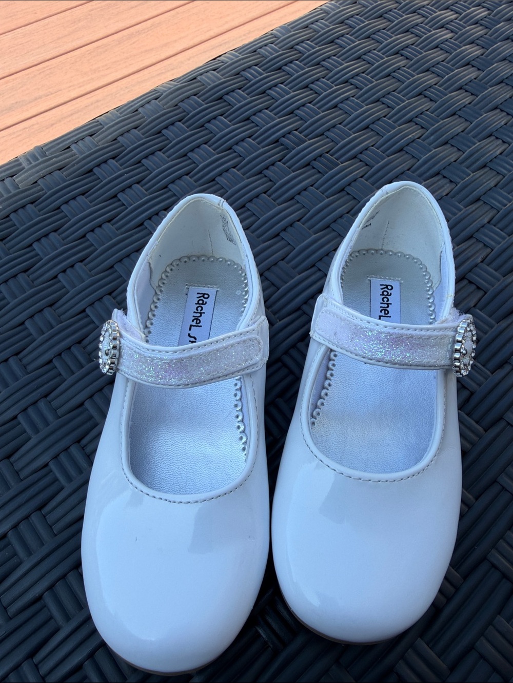 Rachel White Patent Mary Jane Dress Shoes with Velcro close Glitter Strap